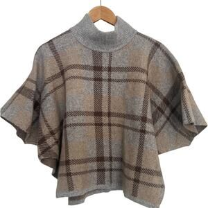 Note di Anita Wool Blend Plaid Poncho Mock Neck One Size